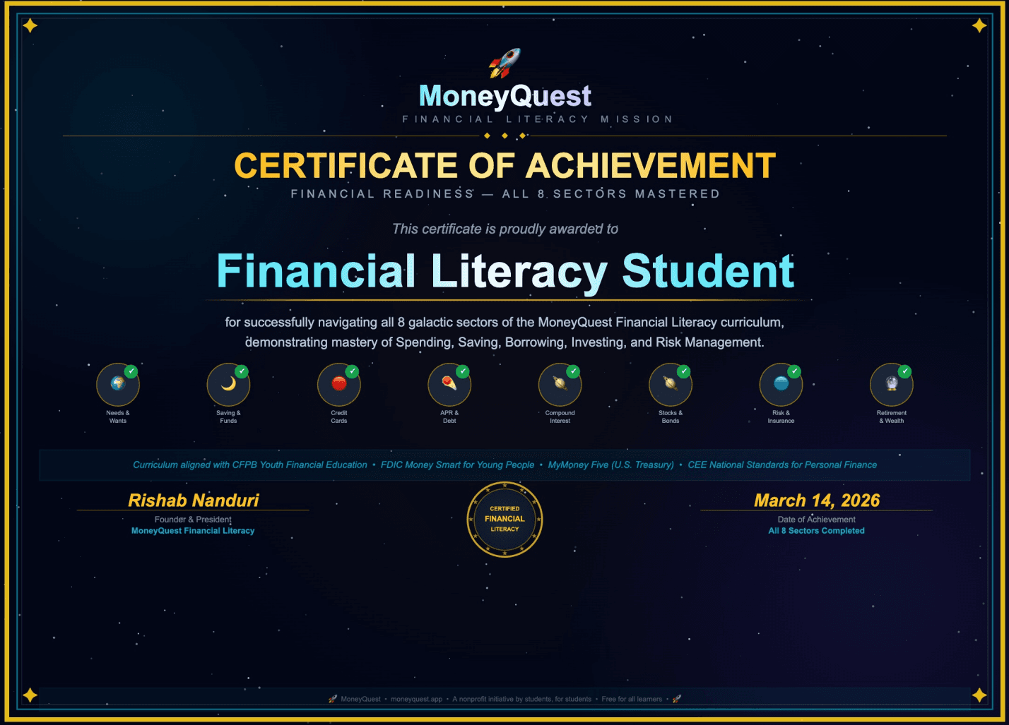 MoneyQuest Certificate of Financial Readiness โ signed by Rishab Nanduri, Founder